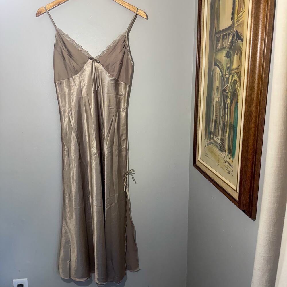 Satin Slip Dress XL Champagne Gold Midi Nightgown Lace Trim Side Slit Coquette